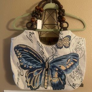 Butterfly Tapestry Type Womens Canvas Wood Beaded Handles Tote Bag